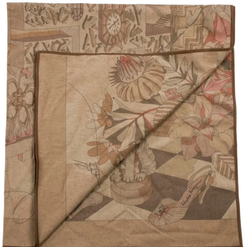 Salvatore Ferragamo Beige and Brown throw blanket with leather trimmings